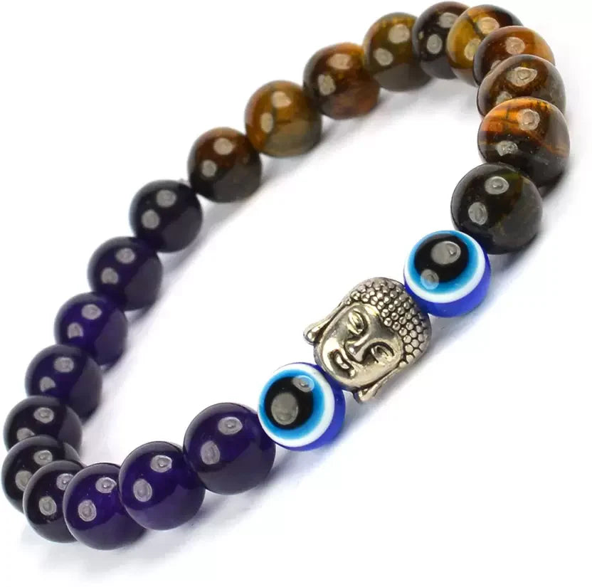 Certified Tiger Eye with Amethyst & Evil Eye Stone Bracelet: A Symbol of Strength, Balance & Positivity for Unisex